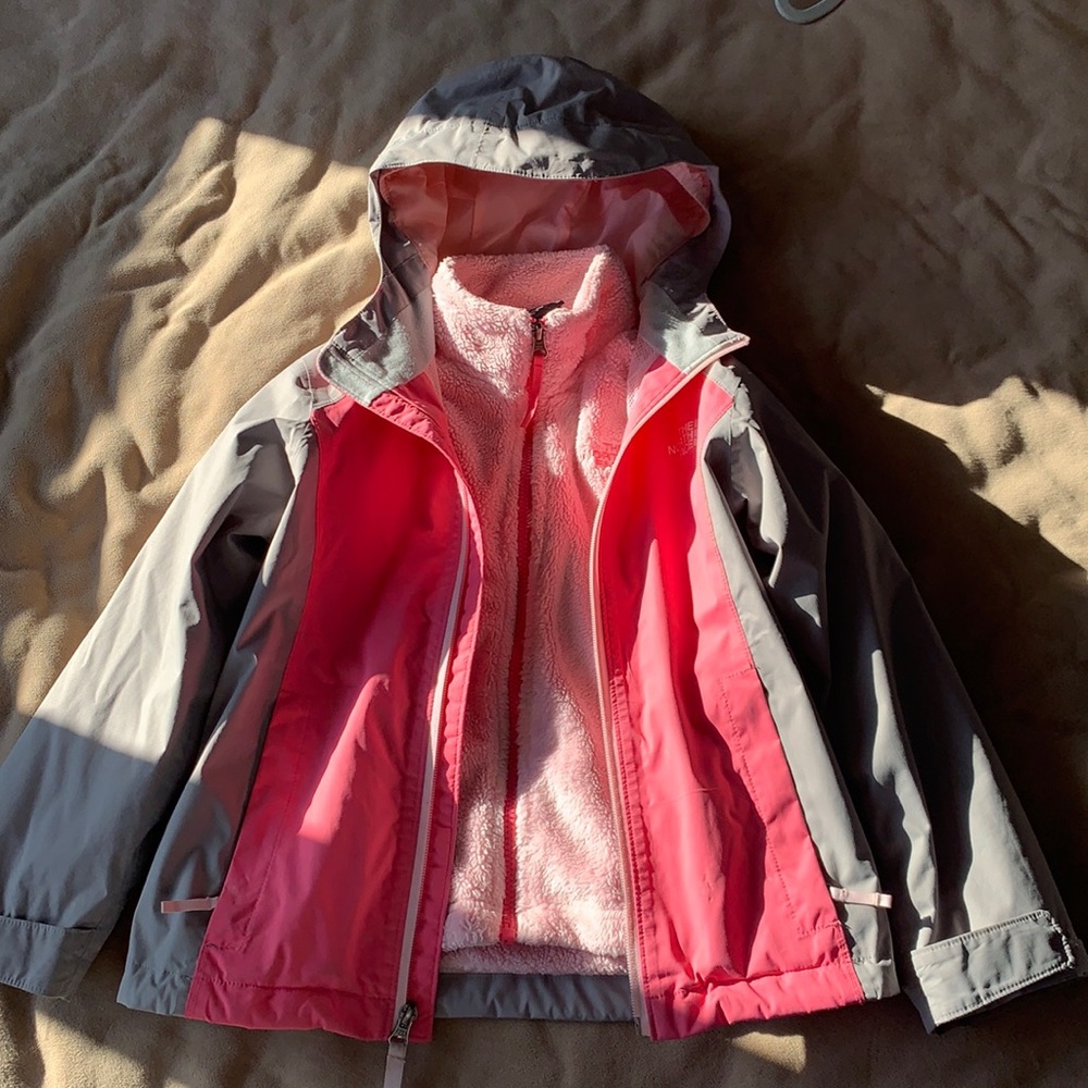 Pink layered north face jacket